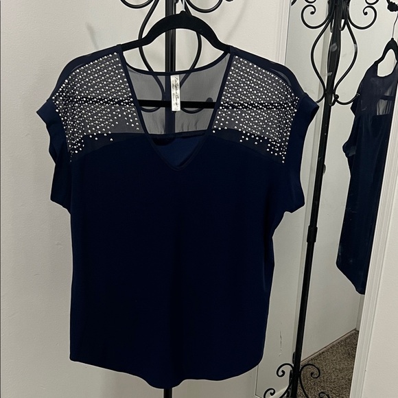 PerSeption Concept Navy Blouse with Sheer Accents - Picture 1 of 6